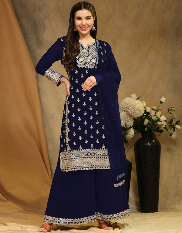 Traditional Party Wear Faux Georgette Salwar Suit Blue Faux Georgette Palazzo Suit Front View