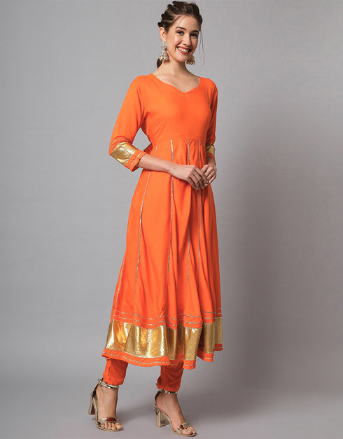 Traditional Function Wear Heavy Viscose Rayon Readymade Suit Orange Viscose Rayon Pant Straight Back View