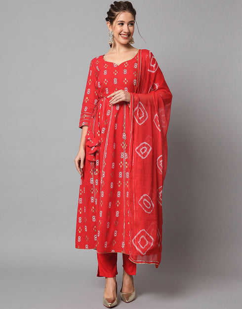 Traditional Function Wear Heavy Viscose Rayon Readymade Suit Red Rayon Pant Straight Front View
