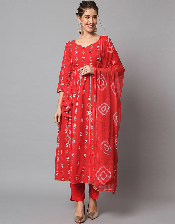 Traditional Function Wear Heavy Viscose Rayon Readymade Suit Red Rayon Pant Straight Front View
