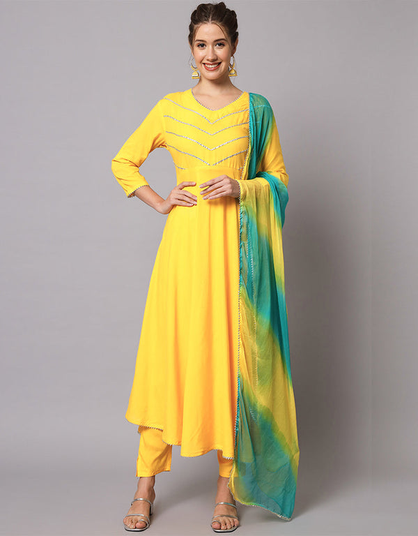 Traditional Function Wear Heavy Viscose Rayon Readymade Suit Yellow Rayon Pant Straight Front View