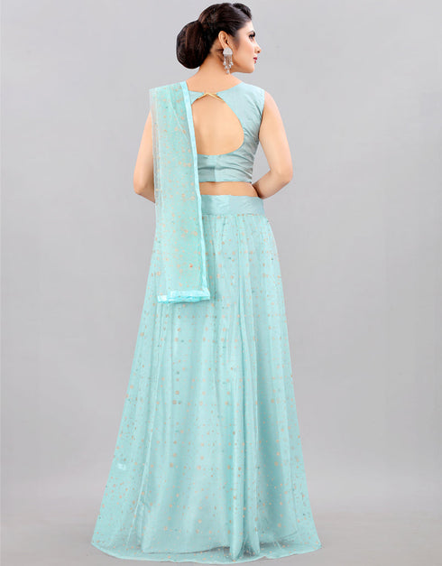 Designer Wedding Wear Heavy Net Lehenga Choli Collection Sky Blue Net Lehenga Choli Close-up View