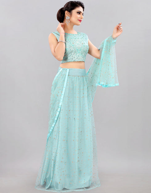 Designer Wedding Wear Heavy Net Lehenga Choli Collection Sky Blue Net Lehenga Choli Back View