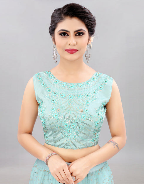 Designer Wedding Wear Heavy Net Lehenga Choli Collection Sky Blue Net Lehenga Choli Front View