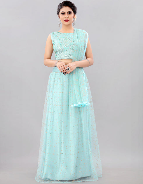 Designer Wedding Wear Heavy Net Lehenga Choli Collection Sky Blue Net Lehenga Choli Front View