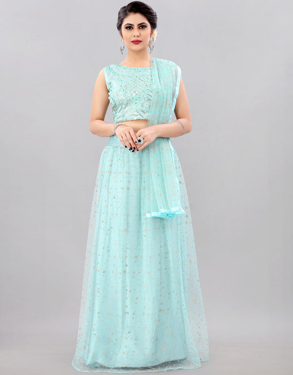 Designer Wedding Wear Heavy Net Lehenga Choli Collection Sky Blue Net Lehenga Choli Front View