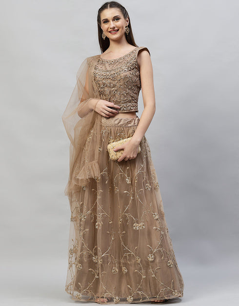 Designer Wedding Wear Heavy Net Lehenga Choli Collection Brown Net Lehenga Choli Front View