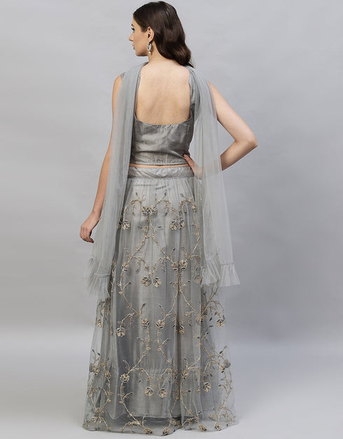 Designer Wedding Wear Heavy Net Lehenga Choli Collection Grey Net Lehenga Choli Close-up View