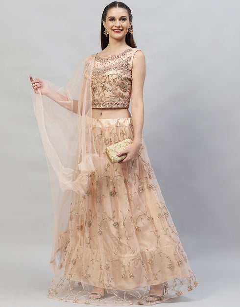 Designer Wedding Wear Heavy Net Lehenga Choli Collection Peach Net Lehenga Choli Front View