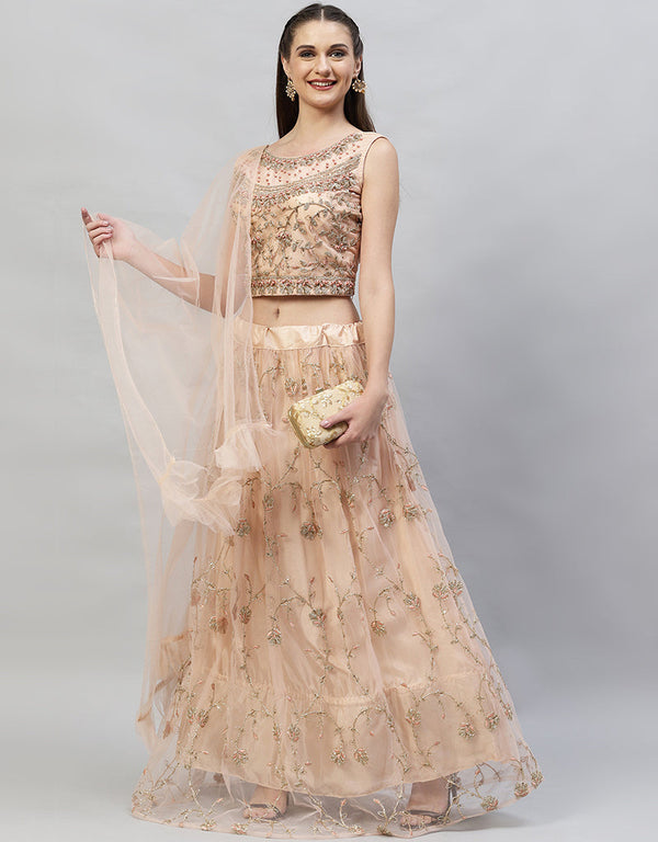Designer Wedding Wear Heavy Net Lehenga Choli Collection Peach Net Lehenga Choli Front View
