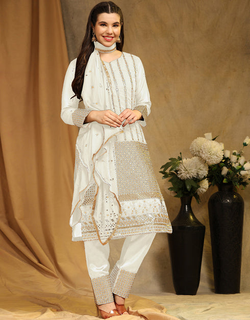 Traditional Party Wear Faux Georgette Pakistani Suit White Faux Georgette Pant Pakistani Suit Close-up View