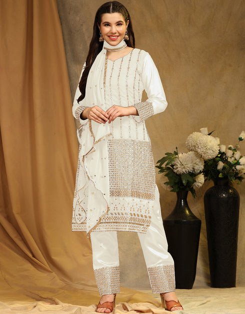 Traditional Party Wear Faux Georgette Pakistani Suit White Faux Georgette Pant Pakistani Suit Front View