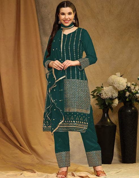 Traditional Party Wear Faux Georgette Pakistani Suit Rama Green Faux Georgette Pant Pakistani Suit Front View