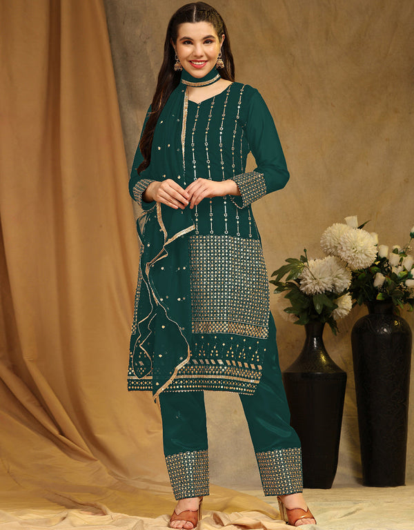 Traditional Party Wear Faux Georgette Pakistani Suit Rama Green Faux Georgette Pant Pakistani Suit Front View