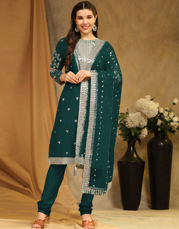 Traditional Party Wear Faux Georgette Pakistani Suit Rama Green Faux Georgette Pant Pakistani Suit Front View