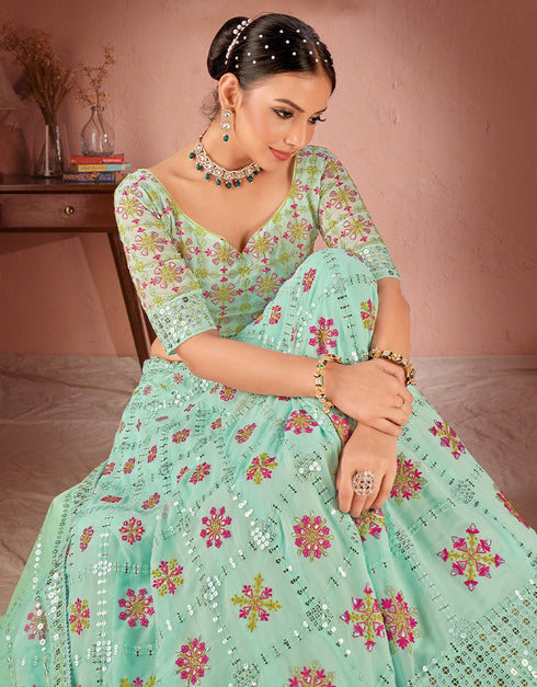 Designer Wedding Wear Heavy Lehenga Choli Collection Sea Green Premium Georgette Lehenga Choli Close-up View