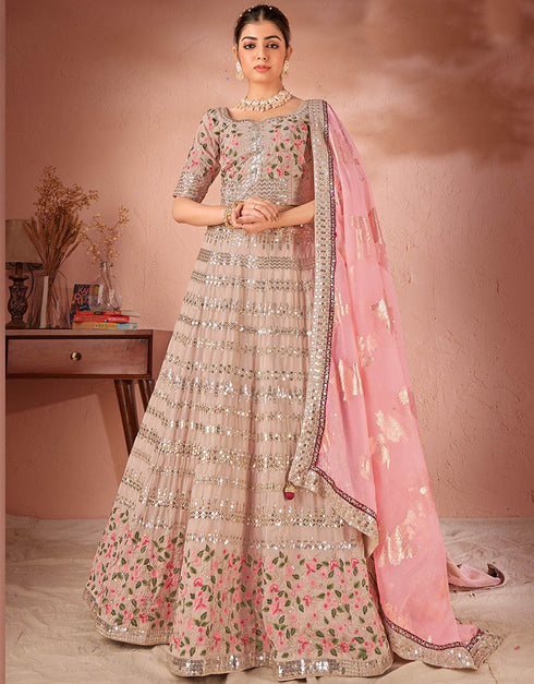 Designer Wedding Wear Heavy Lehenga Choli Collection Beige Premium Georgette Lehenga Choli Front View