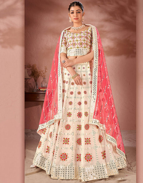 Designer Wedding Wear Heavy Lehenga Choli Collection Off-White Premium Georgette Lehenga Choli Front View