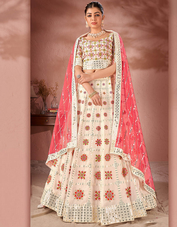 Designer Wedding Wear Heavy Lehenga Choli Collection Off-White Premium Georgette Lehenga Choli Front View