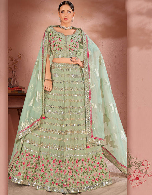 Designer Wedding Wear Heavy Lehenga Choli Collection Pista Premium Georgette Lehenga Choli Front View