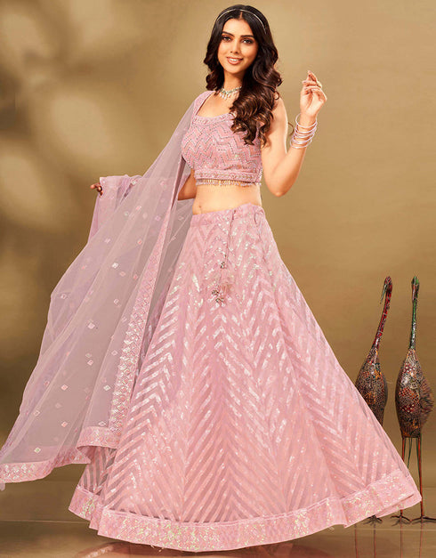 Designer Wedding Wear Heavy Lehenga Choli Collection Pink Net Lehenga Choli Close-up View