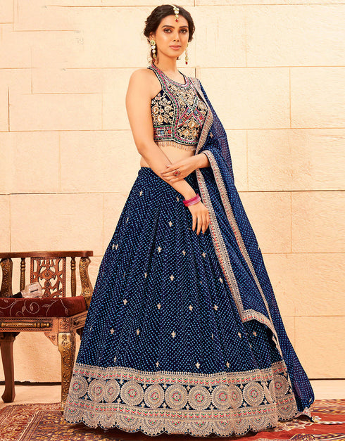 Designer Wedding Wear Heavy Lehenga Choli Collection Navy Blue Faux Georgette Lehenga Choli Close-up View