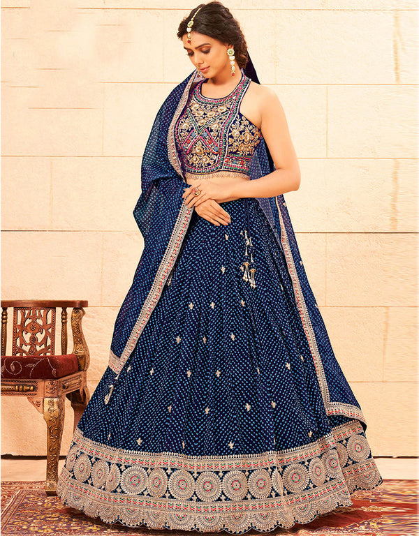 Designer Wedding Wear Heavy Lehenga Choli Collection Navy Blue Faux Georgette Lehenga Choli Front View