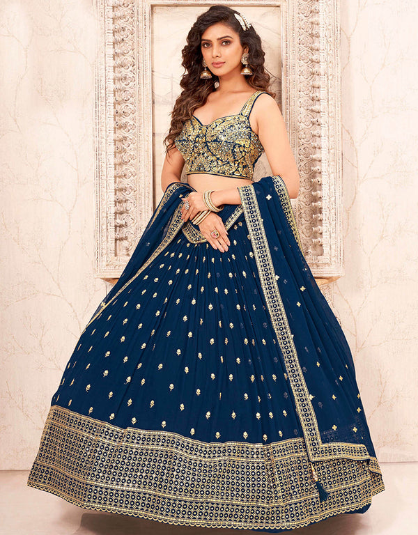 Designer Wedding Wear Heavy Lehenga Choli Collection Navy Blue Faux Georgette Lehenga Choli Front View