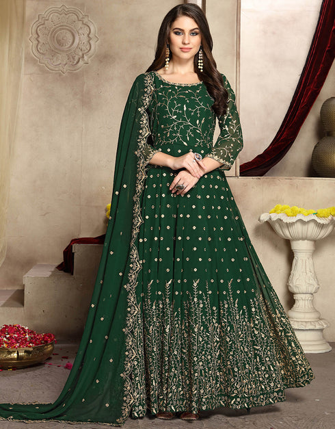 Traditional Function Wear Heavy Fox Georgette Suit Green Heavy Fox Georgette Pant Anarkali Front View