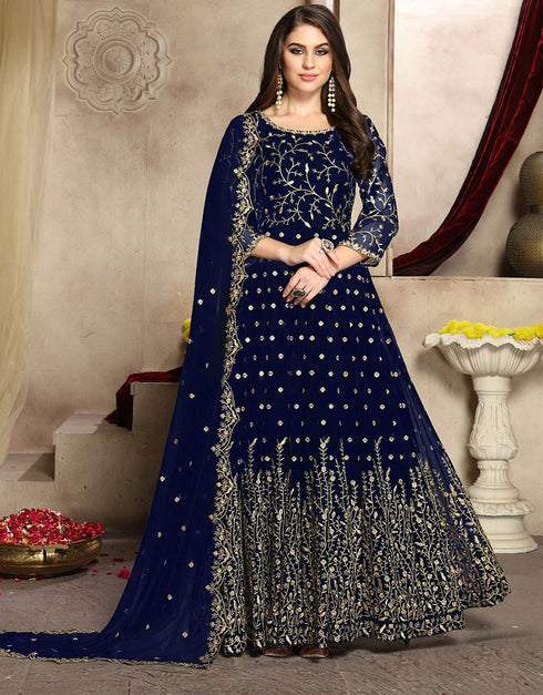 Traditional Function Wear Heavy Fox Georgette Suit Navy Blue Heavy Fox Georgette Pant Anarkali Front View
