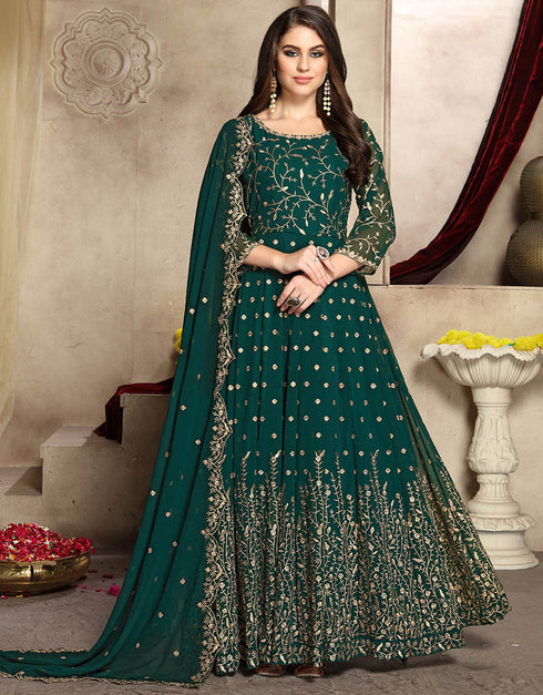 Traditional Function Wear Heavy Fox Georgette Suit Teal Heavy Fox Georgette Pant Anarkali Front View