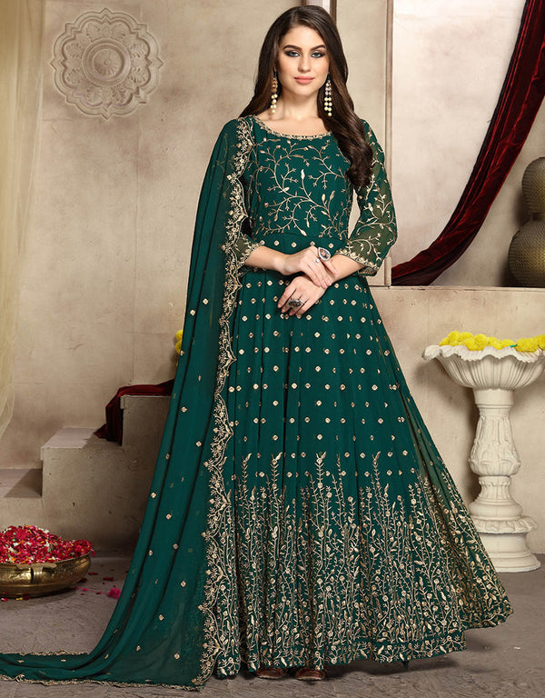 Traditional Function Wear Heavy Fox Georgette Suit Teal Heavy Fox Georgette Pant Anarkali Front View