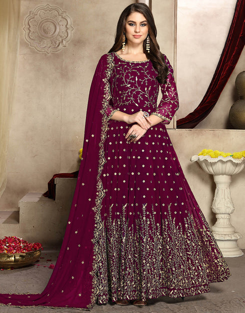 Traditional Function Wear Heavy Fox Georgette Suit Wine Heavy Fox Georgette Pant Anarkali Front View