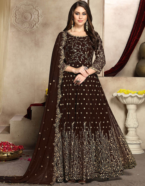 Traditional Function Wear Heavy Fox Georgette Suit Brown Heavy Fox Georgette Pant Anarkali Front View