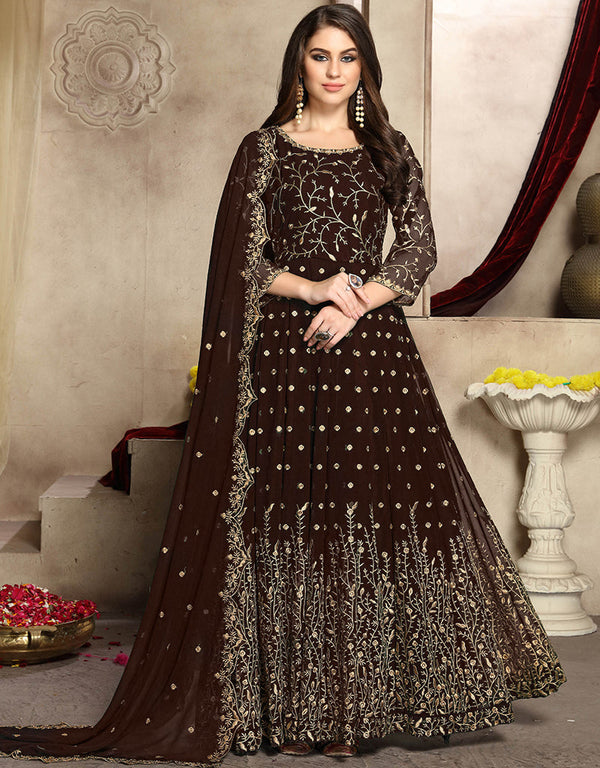 Traditional Function Wear Heavy Fox Georgette Suit Brown Heavy Fox Georgette Pant Anarkali Front View