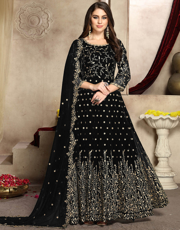 Traditional Function Wear Heavy Fox Georgette Suit Black Heavy Fox Georgette Pant Anarkali Front View
