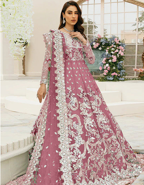 Traditional Function Wear Heavy Butterfly Net Suit Pink Butterfly Net Pant Anarkali Front View