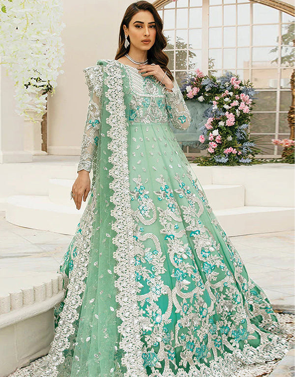 Traditional Function Wear Heavy Butterfly Net Suit Pista Butterfly Net Pant Anarkali Front View