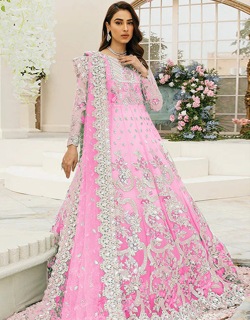 Traditional Function Wear Heavy Butterfly Net Suit Light Pink Butterfly Net Pant Anarkali Front View