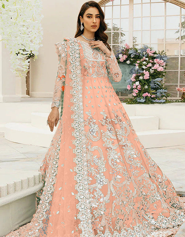 Traditional Function Wear Heavy Butterfly Net Suit Peach Butterfly Net Pant Anarkali Front View
