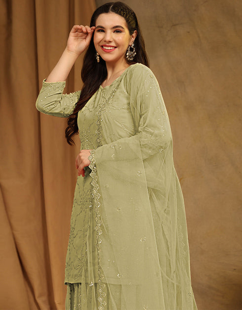 Designer Party Wear Faux Georgette Salwar Suit Collection Parrot Green Faux Georgette Palazzo Suit Side View