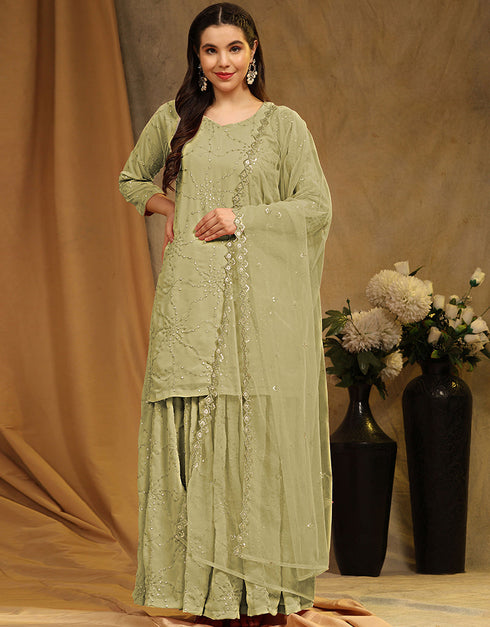Designer Party Wear Faux Georgette Salwar Suit Collection Parrot Green Faux Georgette Palazzo Suit Front View