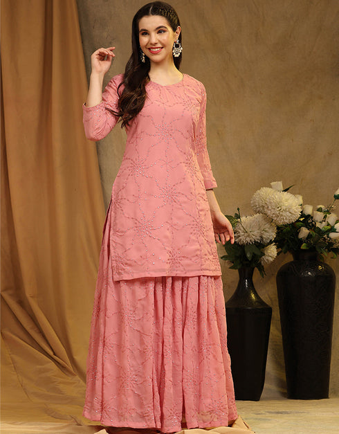 Designer Party Wear Faux Georgette Salwar Suit Collection Pink Faux Georgette Palazzo Suit Close-up View