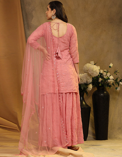 Designer Party Wear Faux Georgette Salwar Suit Collection Pink Faux Georgette Palazzo Suit Back View