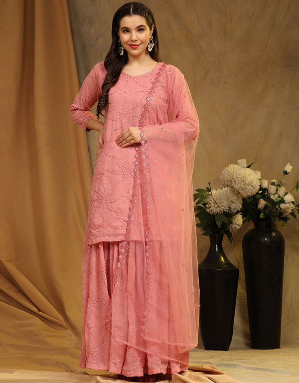 Designer Party Wear Faux Georgette Salwar Suit Collection Pink Faux Georgette Palazzo Suit Front View