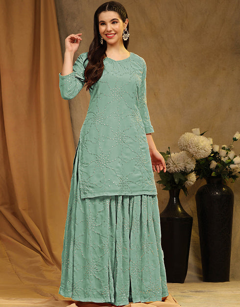 Designer Party Wear Faux Georgette Salwar Suit Collection Green Faux Georgette Palazzo Suit Close-up View