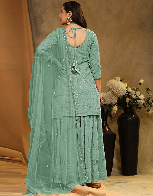 Designer Party Wear Faux Georgette Salwar Suit Collection Green Faux Georgette Palazzo Suit Back View