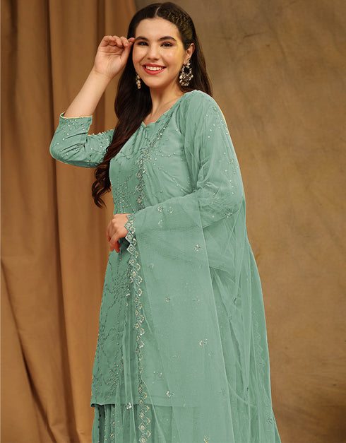 Designer Party Wear Faux Georgette Salwar Suit Collection Green Faux Georgette Palazzo Suit Side View