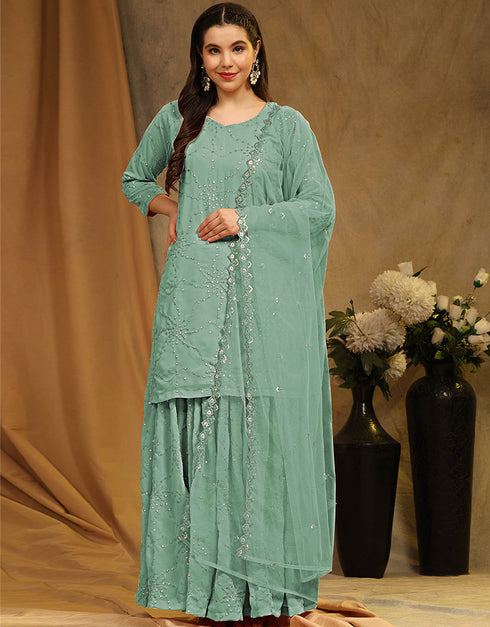 Designer Party Wear Faux Georgette Salwar Suit Collection Green Faux Georgette Palazzo Suit Front View