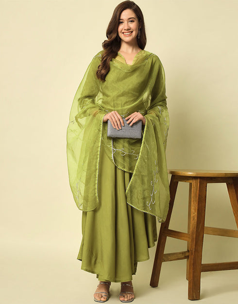 Traditional Function Wear Viscose Rayon Readymade Suit Mehendi Green Viscose Rayon Pant Anarkali Close-up View